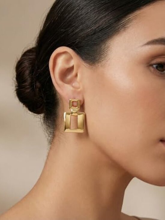 Accessories - Gold Silver Geometric Drop Dangle Ears for Women Brushed Link Square